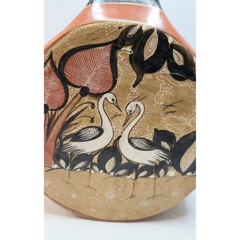 Mexican Folk Pottery Jug Tonala Vase Deer Birds Plants Hand Painted E Perez sign